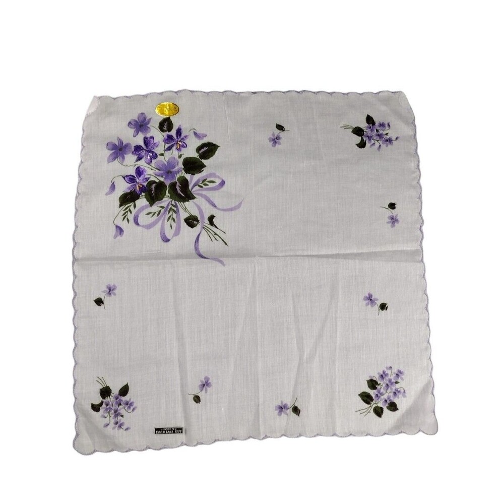 VTG Womens Cotton Handkerchief White Embroidered Purple Iris Scalloped Edge NOS